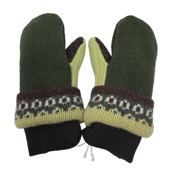 Handcrafted Wool Blend Knit Mittens Brown & Green Nordic Pattern Cuffs Adult M/L - Picture 1 of 8